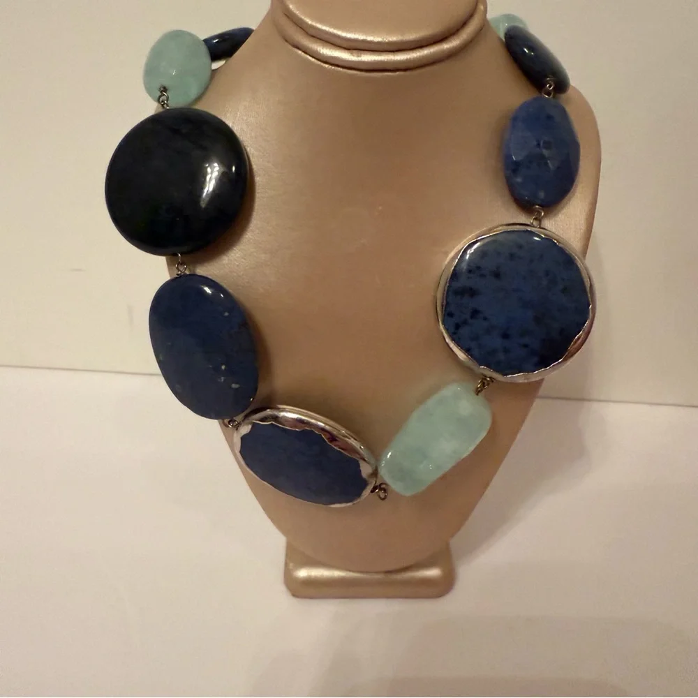 NECKLACE DUMORTIERITE BLUE & GREEN QUARTZ CHUNKY STATEMENT STERLING SILVER 925